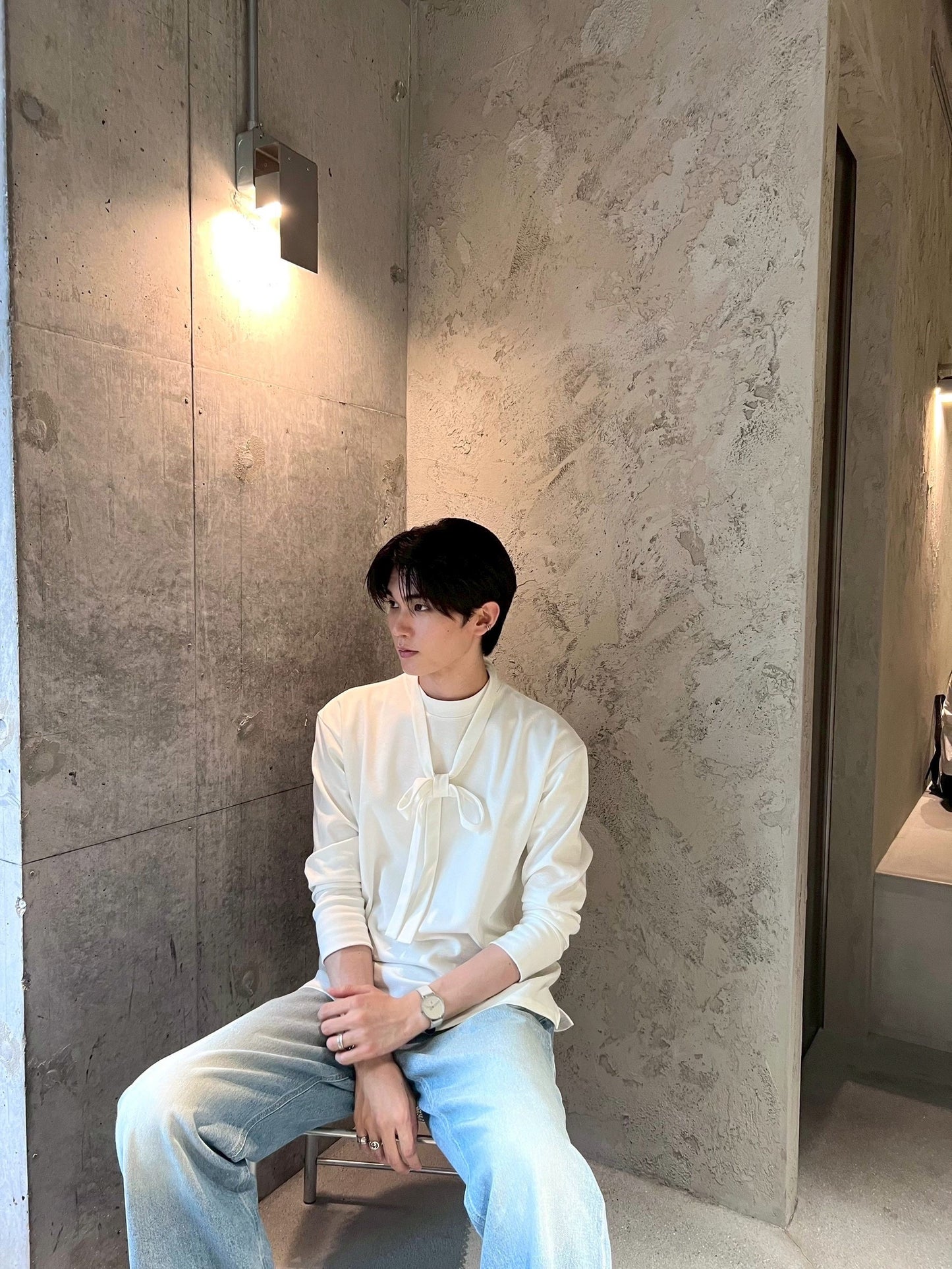 Ｎ３＠(ユニセックス)リボンタイ付き長袖カットソー　white
